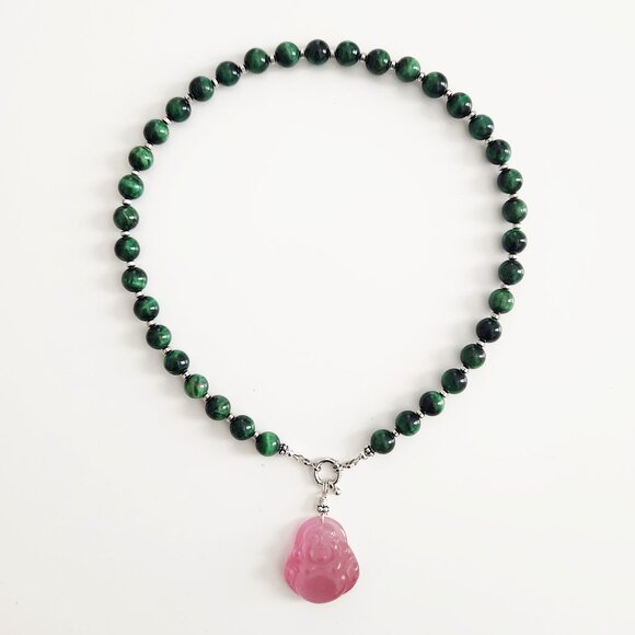 GREEN TIGERS EYE NECKLACE W/ HAPPY BUDDHA PENDANT--16" - Picture 1 of 2